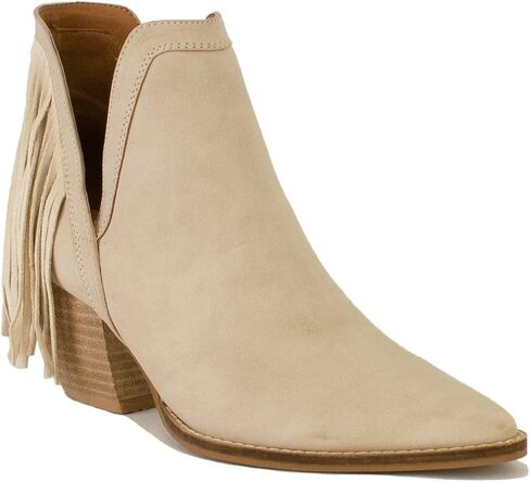 Women's V Cut Ankle Boots Fringe Boots Pointed Toe Boots Cut Out Slip On Short Boots Stacked Heel Booties Cowgirl Boots in Saudi Arabia