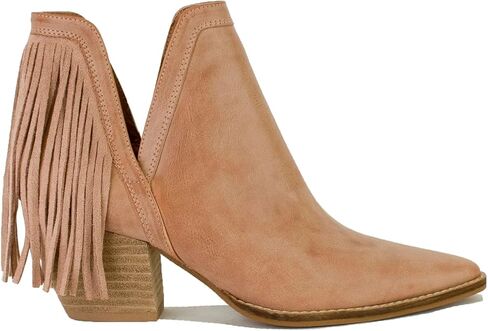 Women's V Cut Ankle Boots Fringe Boots Pointed Toe Boots Cut Out Slip On Short Boots Stacked Heel Booties Cowgirl Boots in Saudi Arabia