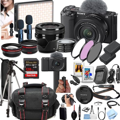 Sony ZV-E10 Mirrorless Camera with 16-50mm Lens + 128GB Extreme Memory, Wireless Lavalier Microphones, LED Light, AUX Lenses, Filters, Case, Tripod, and More (40pc Bundle) (Renewed) in Saudi Arabia