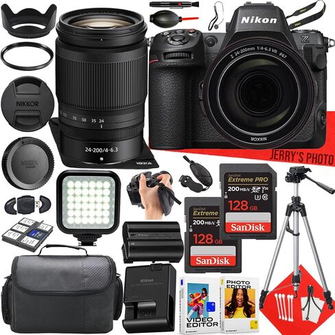 كاميرا Nikon Z8 بدون مرآة مع عدسة Nikon NIKKOR Z مقاس 24-200 مم f/4-6.3 VR + قطعتين ذاكرة سعة 128 جيجابايت + ضوء LED + حقيبة كاميرا + حامل ثلاثي القوائم + المزيد (حزمة 29 قطعة) (متجددة) in Saudi Arabia