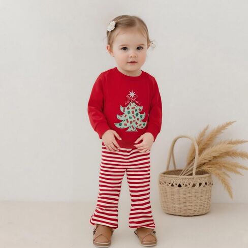 طفلة عيد الميلاد Olutfit شجرة التطريز Crewneck البلوز بلايز مخطط السراويل مجموعة طفل الخريف الشتاء الملابس in Kuwait