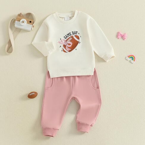 Toddler Baby Girls Football Outfit Funny Rugby Bow Print Sweatshirt Top Pants Set 2Pcs Fall Sport Pullover Clothes in Saudi Arabia