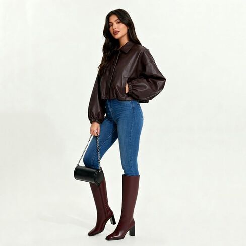 Knee High Boots Women Square Toe Chunky Heel Tall Boots Comfortable Side Zipper Dress Heeled Boots in Saudi Arabia