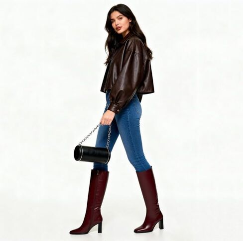 Knee High Boots Women Square Toe Chunky Heel Tall Boots Comfortable Side Zipper Dress Heeled Boots in Saudi Arabia