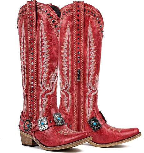 أحذية Yolkomo رعاة البقر للنساء أحذية راعية البقر الغربية عالية الركبة مع سلاسل إبزيم حزام مطرز in Kuwait