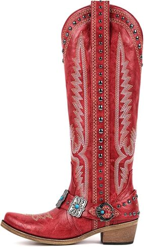 أحذية Yolkomo رعاة البقر للنساء أحذية راعية البقر الغربية عالية الركبة مع سلاسل إبزيم حزام مطرز in Kuwait