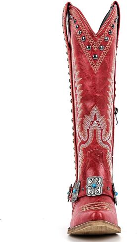 أحذية Yolkomo رعاة البقر للنساء أحذية راعية البقر الغربية عالية الركبة مع سلاسل إبزيم حزام مطرز in Kuwait