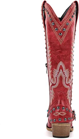 أحذية Yolkomo رعاة البقر للنساء أحذية راعية البقر الغربية عالية الركبة مع سلاسل إبزيم حزام مطرز in Kuwait