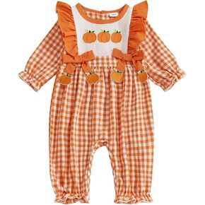 Muineobuka My First Halloween Baby Girl Outfits Ghost/Pumpkin Embroidery Gingham Jumpsuit Inafnt Long Sleeve Ruffle Romper in Saudi Arabia