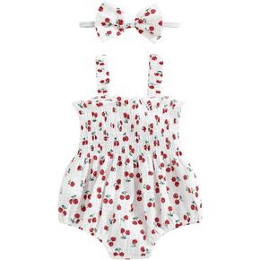 Newborn Baby Girl Summer Bodysuit Print One Piece Ruffle Strap Romper Jumpsuit Cotton Playsuit with Headband in Kuwait
