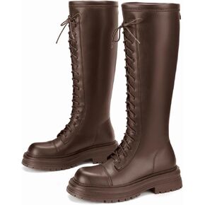 Women's Chunky Platform Knee High Boots - Combat Motorcycle Riding Boots in Faux Leather with Lace Up & Zipper, for Fall, Winter, Casual, Office & Night Out in Saudi Arabia