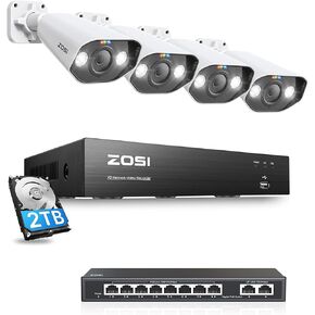 ZOSI 5MP 8CH PoE Security Camera System with 8 Port Gigabit PoE Switch | 4pcs Outdoor Spotlight IP Cameras, 2TB HDD NVR, Smart Human/Vehicle Detection, 2-Way Audio, Color Night Vision. in Kuwait