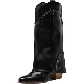 Women Shark Boots Fold Over Studded Mid Calf Cowboy Chunky Heel Pointed Toe Cowgirl Boots in Saudi Arabia