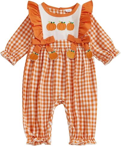 Muineobuka My First Halloween Baby Girl Outfits Ghost/Pumpkin Embroidery Gingham Jumpsuit Inafnt Long Sleeve Ruffle Romper in Saudi Arabia