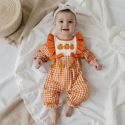 Muineobuka My First Halloween Baby Girl Outfits Ghost/Pumpkin Embroidery Gingham Jumpsuit Inafnt Long Sleeve Ruffle Romper in Saudi Arabia