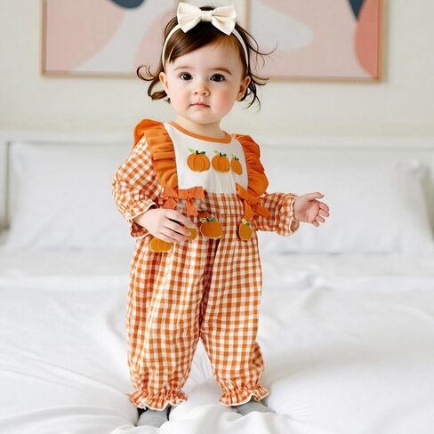 Muineobuka My First Halloween Baby Girl Outfits Ghost/Pumpkin Embroidery Gingham Jumpsuit Inafnt Long Sleeve Ruffle Romper in Saudi Arabia