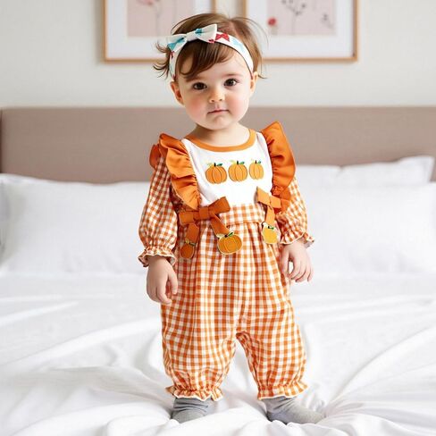 Muineobuka My First Halloween Baby Girl Outfits Ghost/Pumpkin Embroidery Gingham Jumpsuit Inafnt Long Sleeve Ruffle Romper in Saudi Arabia