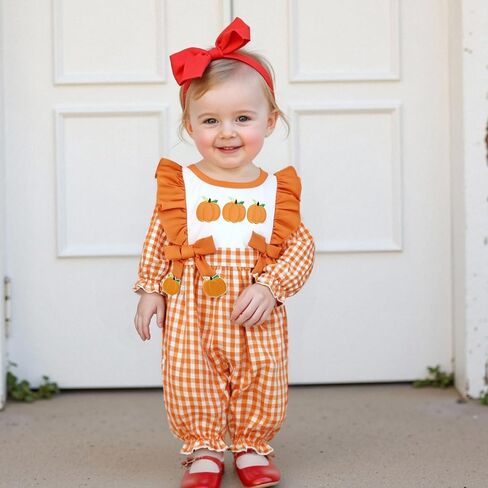 Muineobuka My First Halloween Baby Girl Outfits Ghost/Pumpkin Embroidery Gingham Jumpsuit Inafnt Long Sleeve Ruffle Romper in Saudi Arabia
