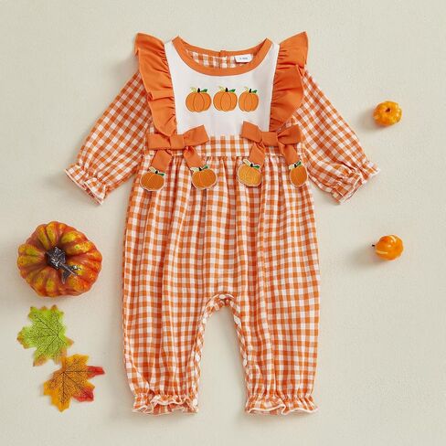 Muineobuka My First Halloween Baby Girl Outfits Ghost/Pumpkin Embroidery Gingham Jumpsuit Inafnt Long Sleeve Ruffle Romper in Saudi Arabia