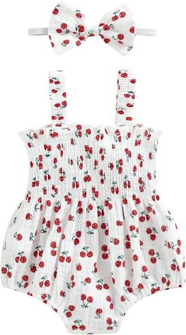 بدلة قطعة واحدة صيفية للفتيات حديثي الولادة مطبوعة من قطعة واحدة بحزام كشكش بذلة من القطن مع عصابة رأس in Kuwait