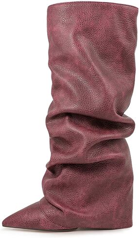 Burgundy Brown Pink Knee high boots Pointed-toe Fold Over Pleated Slip-on high wedge heels Slouchy Ruched Wide Calf Pull-on Tall Boot Dress boots in Saudi Arabia