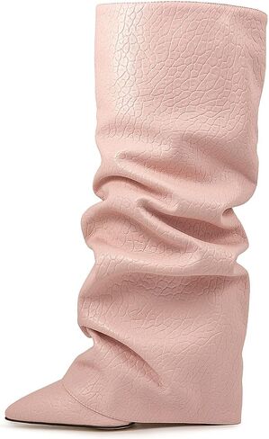 Burgundy Brown Pink Knee high boots Pointed-toe Fold Over Pleated Slip-on high wedge heels Slouchy Ruched Wide Calf Pull-on Tall Boot Dress boots in Saudi Arabia
