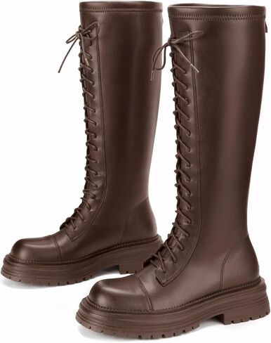 Women's Chunky Platform Knee High Boots - Combat Motorcycle Riding Boots in Faux Leather with Lace Up & Zipper, for Fall, Winter, Casual, Office & Night Out in Saudi Arabia