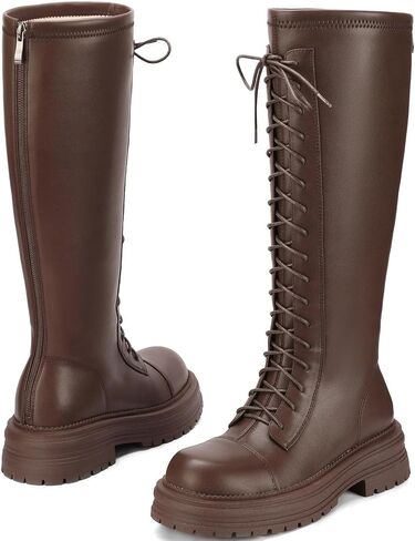 Women's Chunky Platform Knee High Boots - Combat Motorcycle Riding Boots in Faux Leather with Lace Up & Zipper, for Fall, Winter, Casual, Office & Night Out in Saudi Arabia