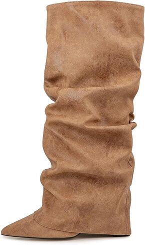 Burgundy Brown Pink Knee high boots Pointed-toe Fold Over Pleated Slip-on high wedge heels Slouchy Ruched Wide Calf Pull-on Tall Boot Dress boots in Saudi Arabia