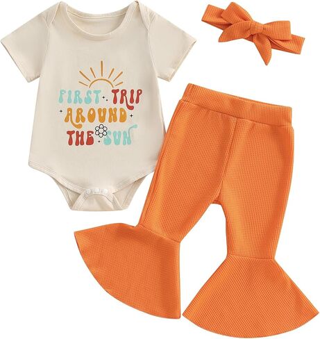 Newborn Half Way To One Baby Girl Outfit Short Sleeve Romper T Shirt Ribbed Knit Flare Pants Headband Set 3Pcs Summer in Saudi Arabia