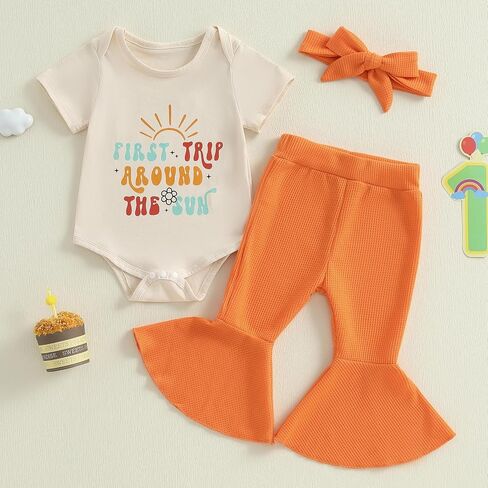 Newborn Half Way To One Baby Girl Outfit Short Sleeve Romper T Shirt Ribbed Knit Flare Pants Headband Set 3Pcs Summer in Saudi Arabia
