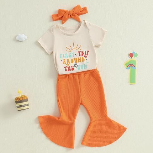 Newborn Half Way To One Baby Girl Outfit Short Sleeve Romper T Shirt Ribbed Knit Flare Pants Headband Set 3Pcs Summer in Saudi Arabia
