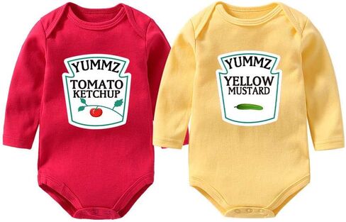 Cotton Long Sleeve Ketchup and Mustard Set Bodysuits Twins Halloween Outfit One Piece Cute Funny in Saudi Arabia