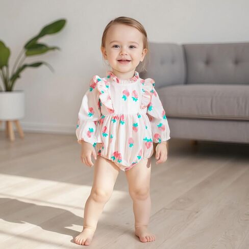 Baby Girl Long Sleeve Romper Fall Newborn Outfit Linen Romper Ruffle Jumpsuit Floral Bodysuit Infant Winter Clothes in Kuwait