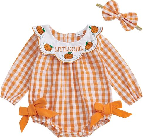 Baby Girls Fall Plaid Halloween Romper Pumpkin Embroidery Ruffled Long Sleeve Bubble Jumpsuit with Bow Headband in Saudi Arabia