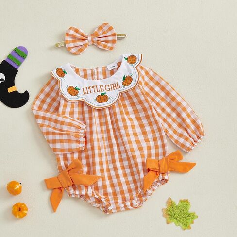 Baby Girls Fall Plaid Halloween Romper Pumpkin Embroidery Ruffled Long Sleeve Bubble Jumpsuit with Bow Headband in Saudi Arabia