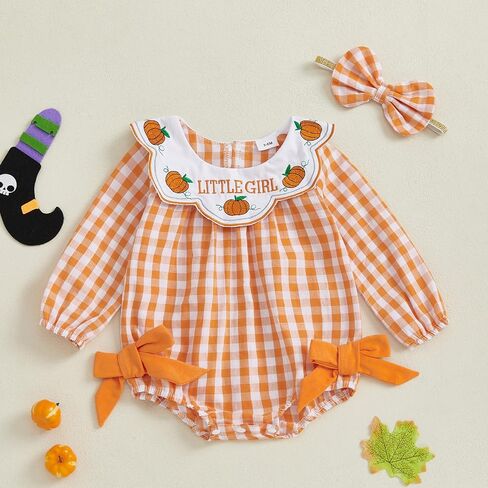 Baby Girls Fall Plaid Halloween Romper Pumpkin Embroidery Ruffled Long Sleeve Bubble Jumpsuit with Bow Headband in Saudi Arabia