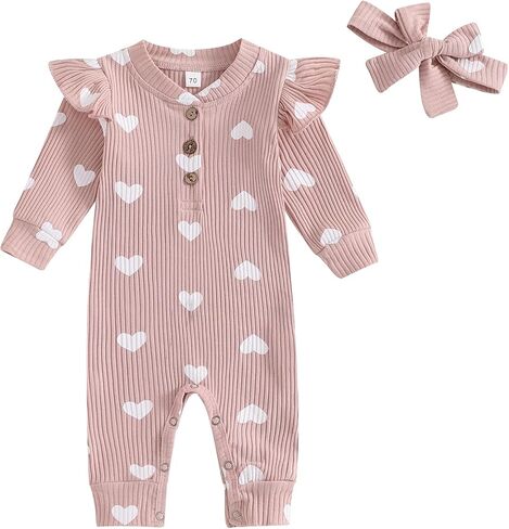 MBMSHEGH Newborn Baby Girls Jumpsuit with 3D Bow Ear Hat Set Heart Print Long Sleeve Romper 2Pcs Fall Outfit Clothes Set in Kuwait