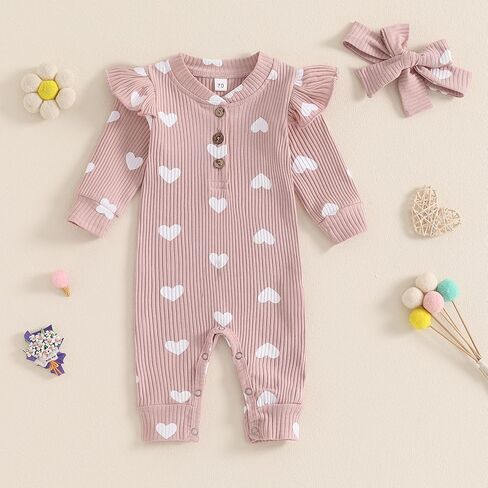 MBMSHEGH Newborn Baby Girls Jumpsuit with 3D Bow Ear Hat Set Heart Print Long Sleeve Romper 2Pcs Fall Outfit Clothes Set in Kuwait