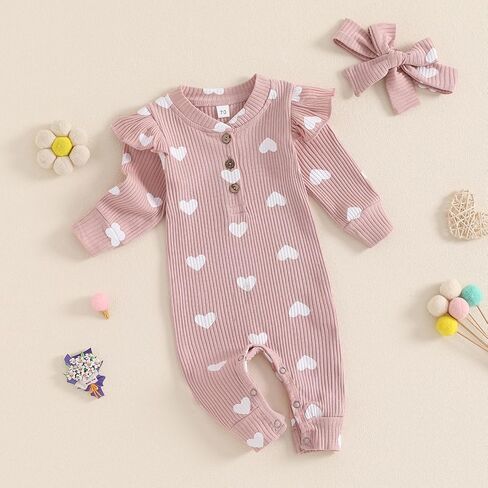 MBMSHEGH Newborn Baby Girls Jumpsuit with 3D Bow Ear Hat Set Heart Print Long Sleeve Romper 2Pcs Fall Outfit Clothes Set in Kuwait