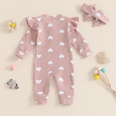 MBMSHEGH Newborn Baby Girls Jumpsuit with 3D Bow Ear Hat Set Heart Print Long Sleeve Romper 2Pcs Fall Outfit Clothes Set in Kuwait