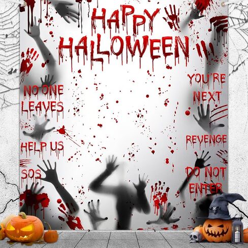 Happy Halloween Banner Large Scary Halloween Party Background Decorations Backdrop Bloody Hands Banner Halloween Decor Photo Props 70.8x78.7 in Saudi Arabia