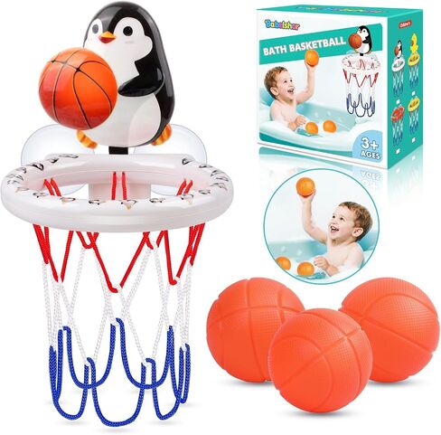 Bath Toys, Bathtub Basketball Hoop for Toddler Kids, 3 Soft No Hole Balls & Bath Basketball Hoop with Strong Suction Cup, Yellow Duck Baby Shower Bath Toys Set for Boys and Girls in Saudi Arabia