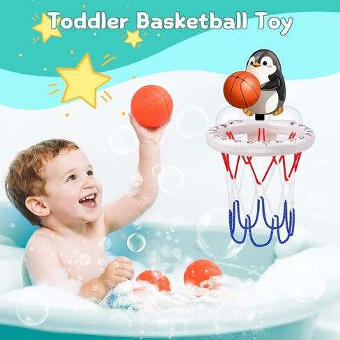 Bath Toys, Bathtub Basketball Hoop for Toddler Kids, 3 Soft No Hole Balls & Bath Basketball Hoop with Strong Suction Cup, Yellow Duck Baby Shower Bath Toys Set for Boys and Girls in Saudi Arabia