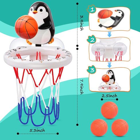 Bath Toys, Bathtub Basketball Hoop for Toddler Kids, 3 Soft No Hole Balls & Bath Basketball Hoop with Strong Suction Cup, Yellow Duck Baby Shower Bath Toys Set for Boys and Girls in Saudi Arabia