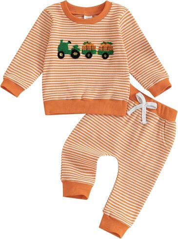 Toddler Baby Boy Girl Halloween Outfit Pumpkin Ghost Embroidery Striped Waffle Sweatshirt and Pants Set Fall Clothes in Saudi Arabia