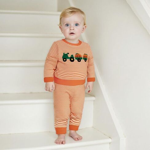 Toddler Baby Boy Girl Halloween Outfit Pumpkin Ghost Embroidery Striped Waffle Sweatshirt and Pants Set Fall Clothes in Saudi Arabia