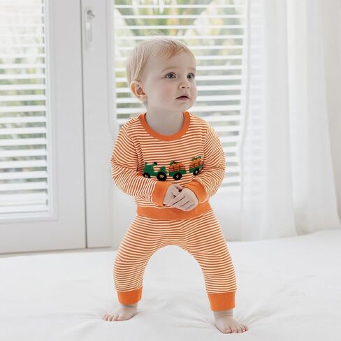 Toddler Baby Boy Girl Halloween Outfit Pumpkin Ghost Embroidery Striped Waffle Sweatshirt and Pants Set Fall Clothes in Saudi Arabia