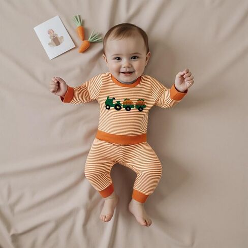 Toddler Baby Boy Girl Halloween Outfit Pumpkin Ghost Embroidery Striped Waffle Sweatshirt and Pants Set Fall Clothes in Saudi Arabia