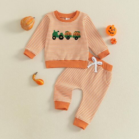 Toddler Baby Boy Girl Halloween Outfit Pumpkin Ghost Embroidery Striped Waffle Sweatshirt and Pants Set Fall Clothes in Saudi Arabia
